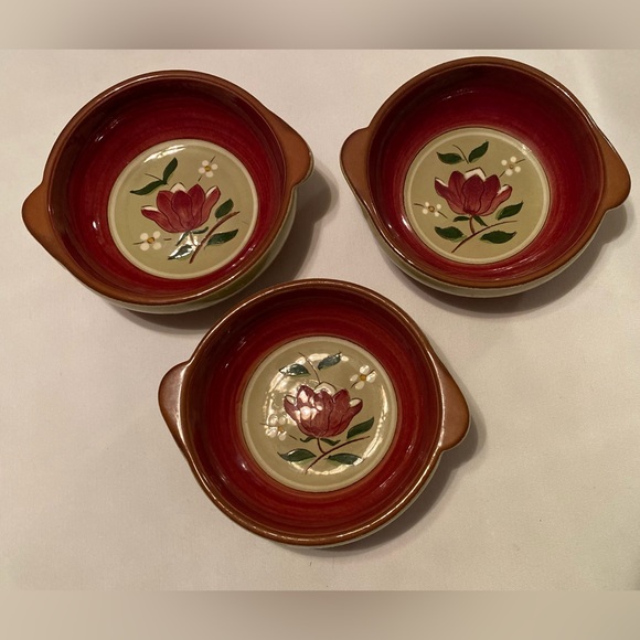 Stangl Pottery 'Magnolia' Lugged Soup Bowls Set 3 Vintage Mid Century Modern - Picture 3 of 7
